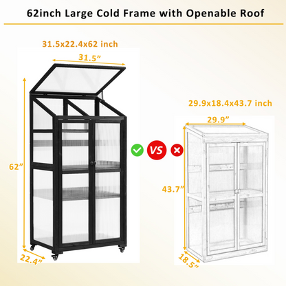 62inch Height Wood Large Greenhouse Balcony Portable Cold Frame with Wheels and Adjustable Shelves for Outdoor Indoor Use, Black