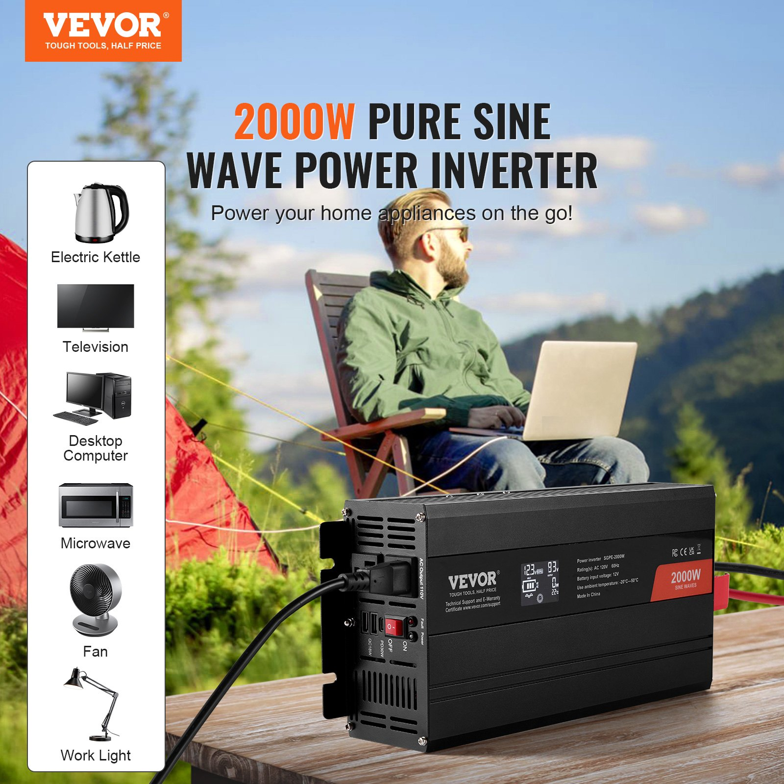 VEVOR Pure Sine Wave Inverter, 2000 Watt, DC 12V to AC 120V Power Inverter with 2 AC Outlets 2 USB Port 1 Type-C Port, LCD Display and Remote Controller for Medium-Sized Household Equipment, CE FCC, Goodies N Stuff