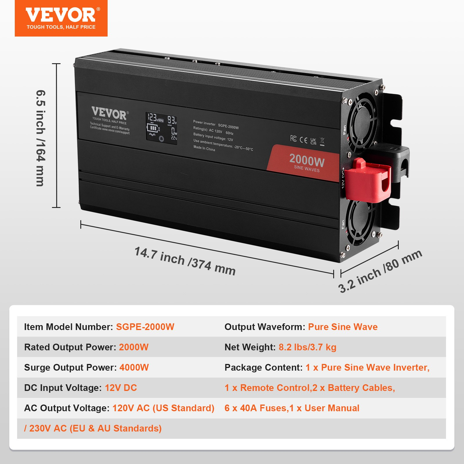 VEVOR Pure Sine Wave Inverter, 2000 Watt, DC 12V to AC 120V Power Inverter with 2 AC Outlets 2 USB Port 1 Type-C Port, LCD Display and Remote Controller for Medium-Sized Household Equipment, CE FCC, Goodies N Stuff