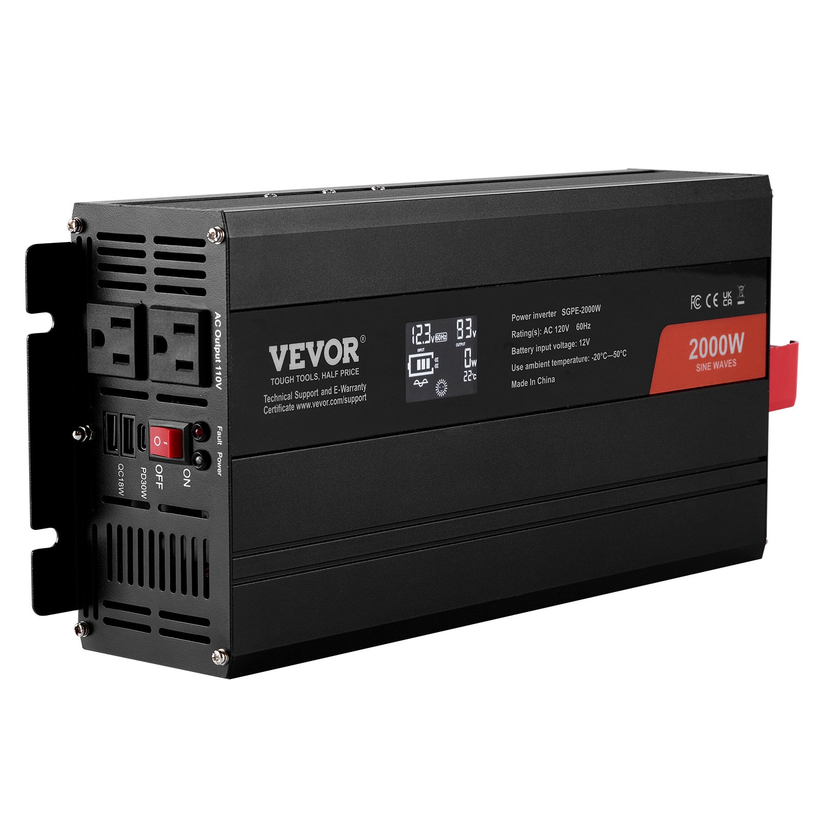 VEVOR Pure Sine Wave Inverter, 2000 Watt, DC 12V to AC 120V Power Inverter with 2 AC Outlets 2 USB Port 1 Type-C Port, LCD Display and Remote Controller for Medium-Sized Household Equipment, CE FCC, Goodies N Stuff