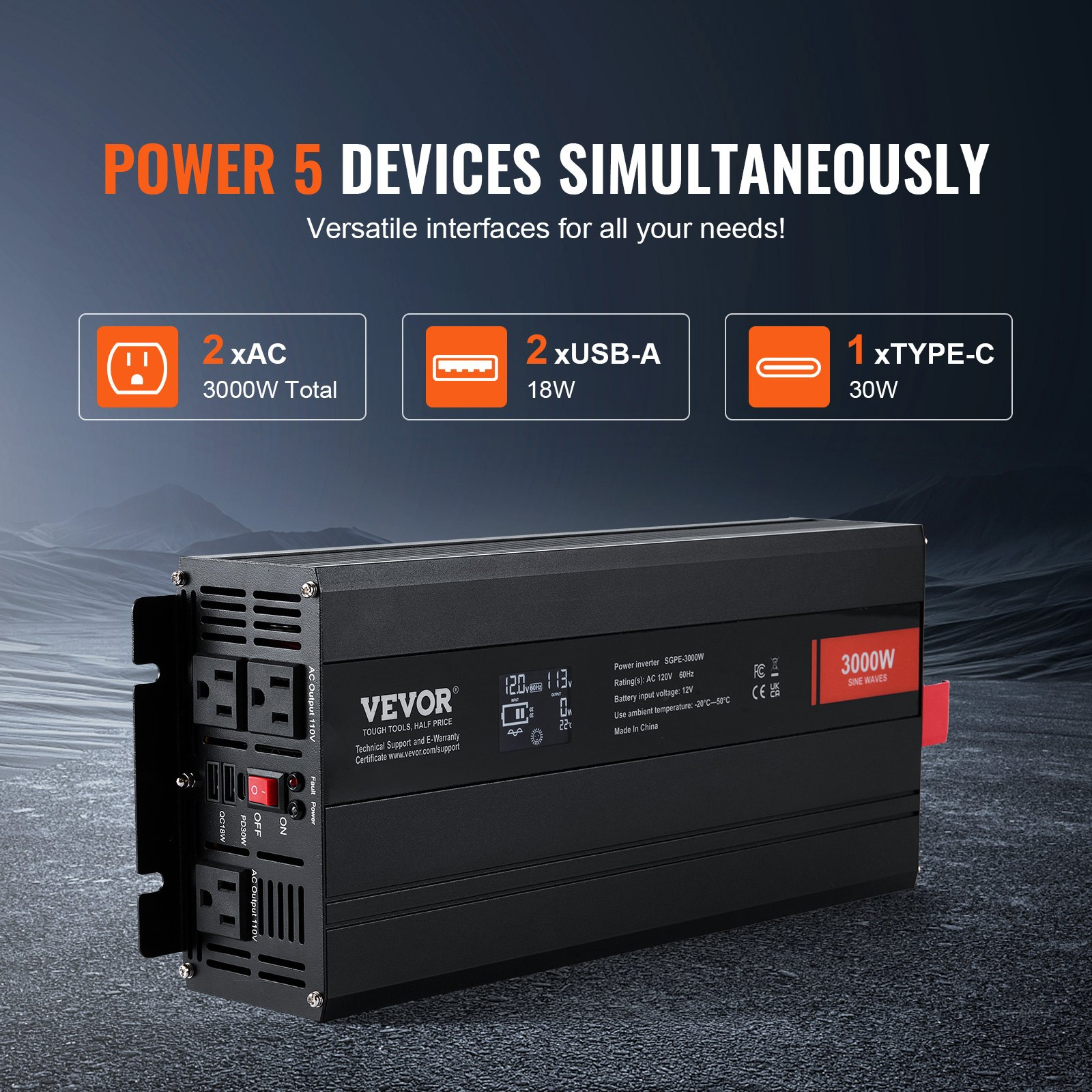 VEVOR Pure Sine Wave Inverter, 3000 Watt, DC 12V to AC 120V Power Inverter with 2 AC Outlets 2 USB Port 1 Type-C Port, LCD Display and Remote Controller for Large Home Appliances, CE FCC Certified, Goodies N Stuff