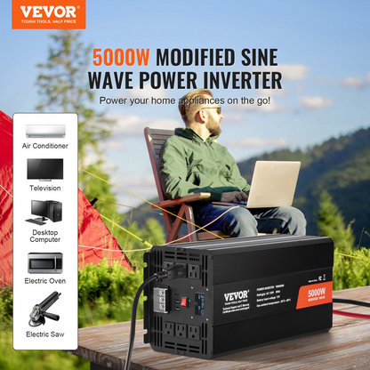 VEVOR Modified Sine Wave Inverter, 5000W, DC 12V to AC 120V Power Inverter with 6 AC Outlets 2 USB Port 1 Type-C Port, LCD Display and Remote Controller for High Load Home Appliances, CE FCC Certified, Goodies N Stuff