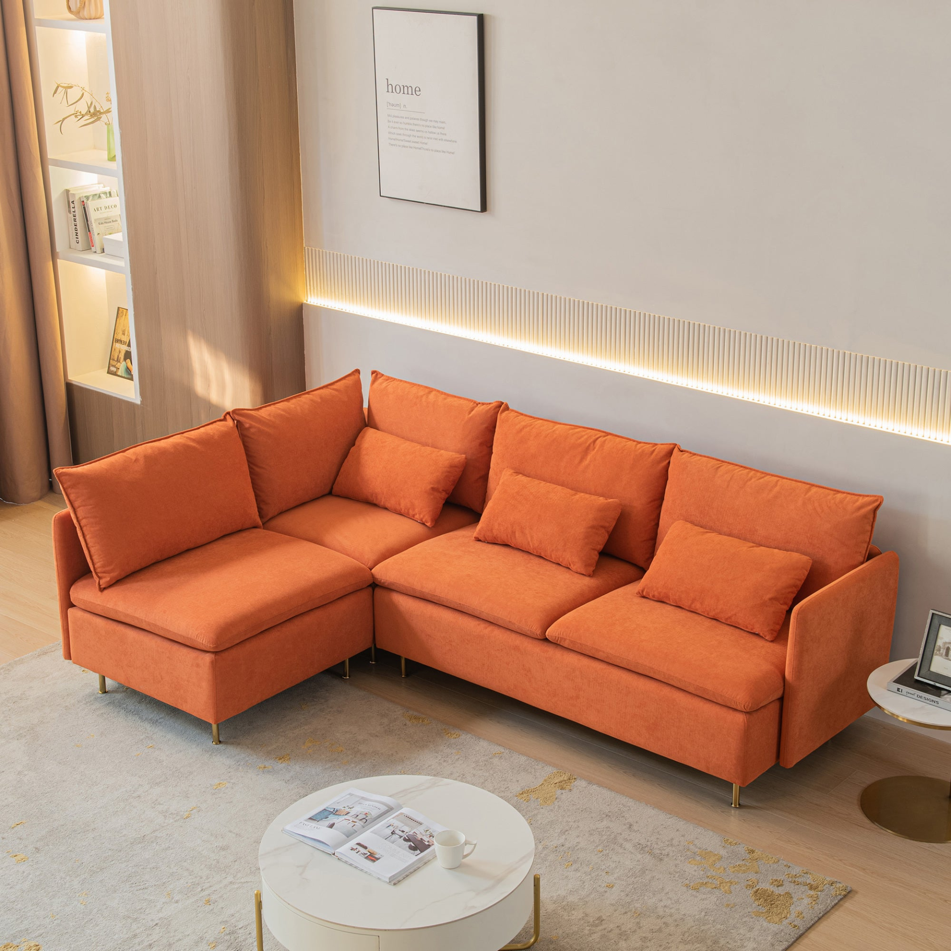 Modular L-shaped Corner sofa ,Left Hand Facing Sectional Couch,Orange Cotton Linen-90.9'', Goodies N Stuff