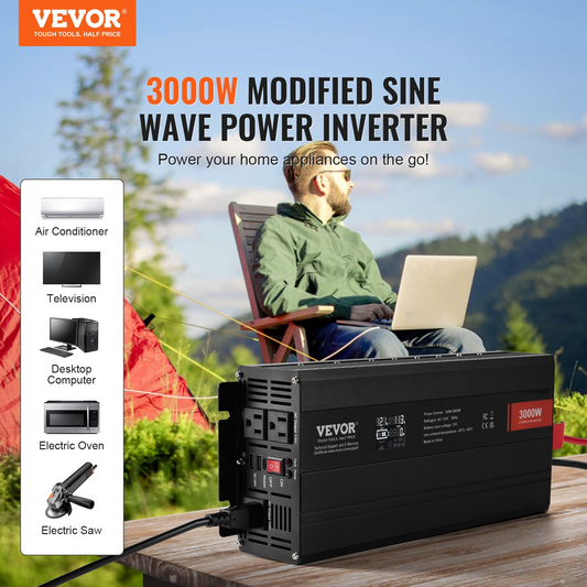 VEVOR Modified Sine Wave Inverter, 3000Watt, DC 12V to AC 120V LCD Display Power Inverter with 3 AC Outlets 2 USB Port 1 Type-C Port 10 Spare Fuses, for Large Household Equipment, CE FCC Certified, Goodies N Stuff