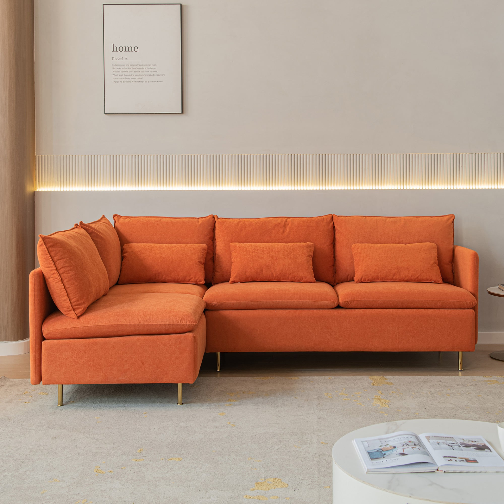 Modular L-shaped Corner sofa ,Left Hand Facing Sectional Couch,Orange Cotton Linen-90.9'', Goodies N Stuff