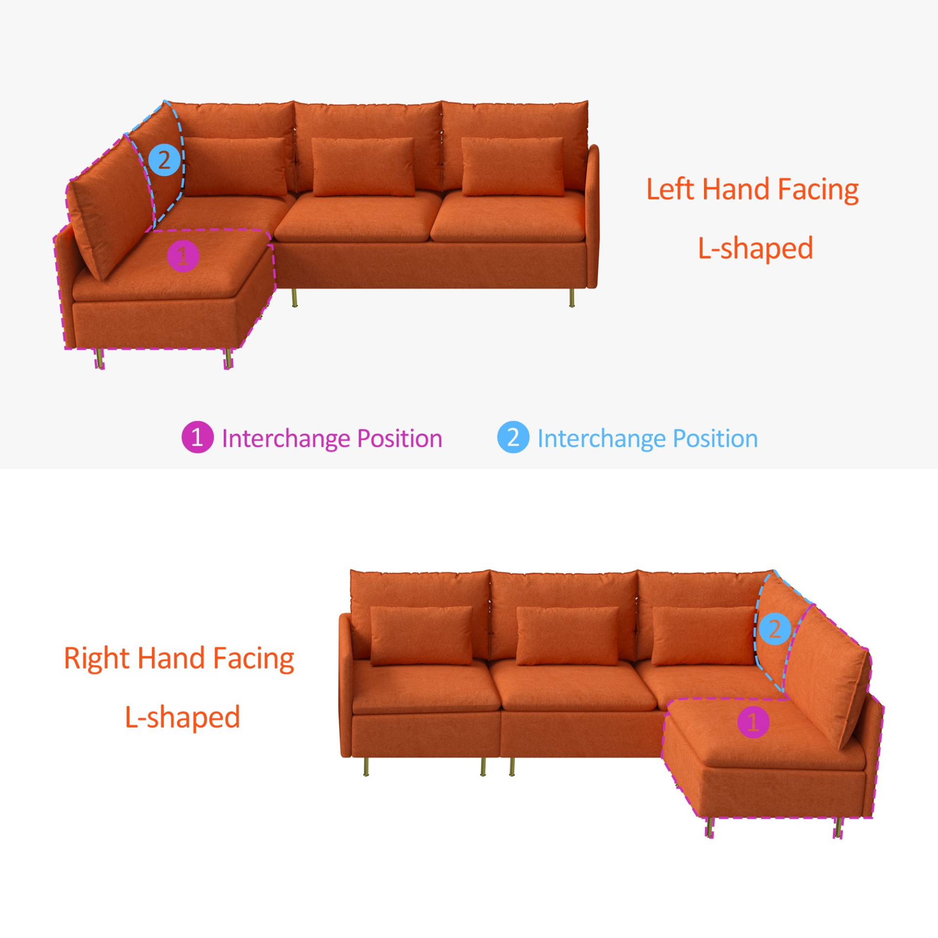 Modular L-shaped Corner sofa ,Left Hand Facing Sectional Couch,Orange Cotton Linen-90.9'', Goodies N Stuff