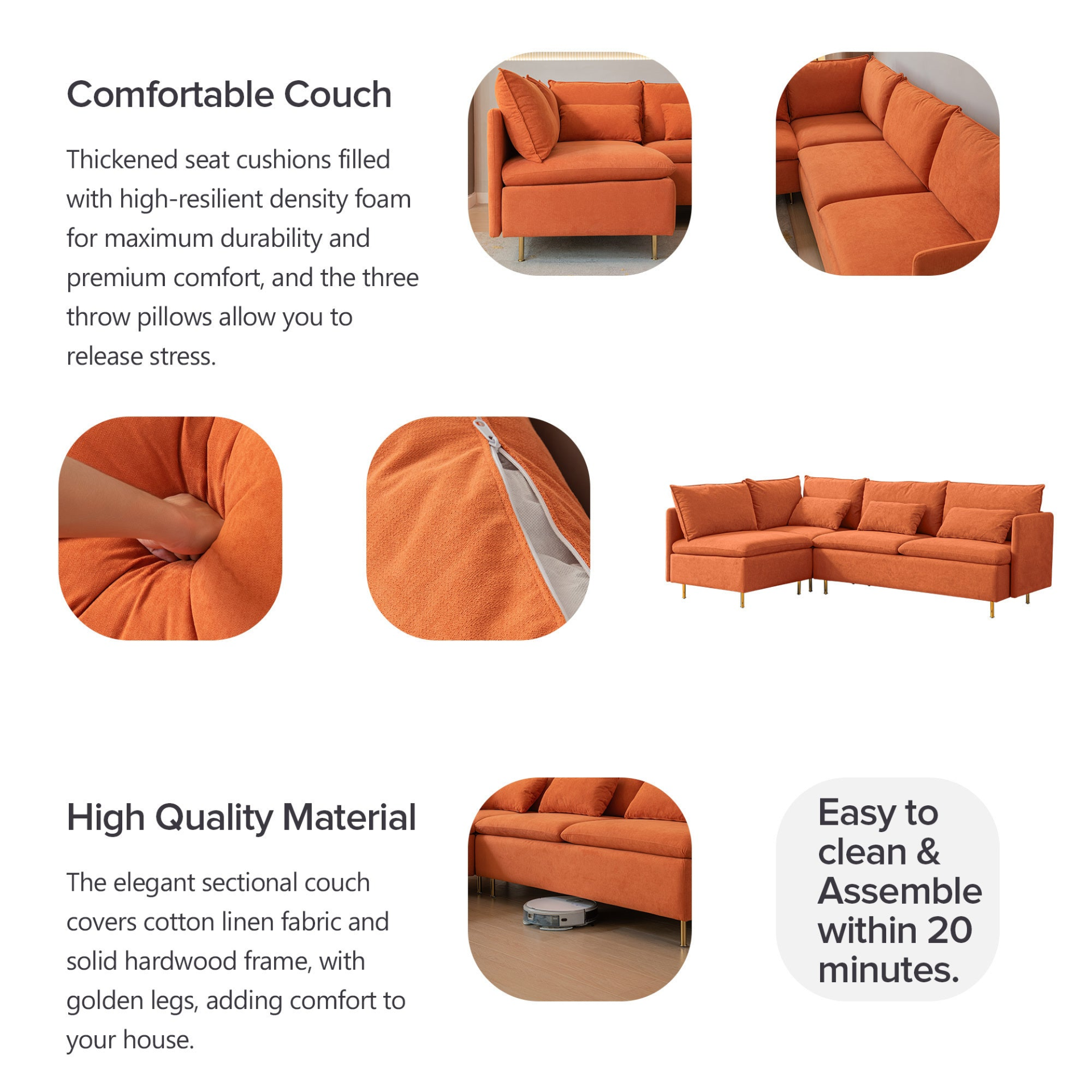 Modular L-shaped Corner sofa ,Left Hand Facing Sectional Couch,Orange Cotton Linen-90.9'', Goodies N Stuff