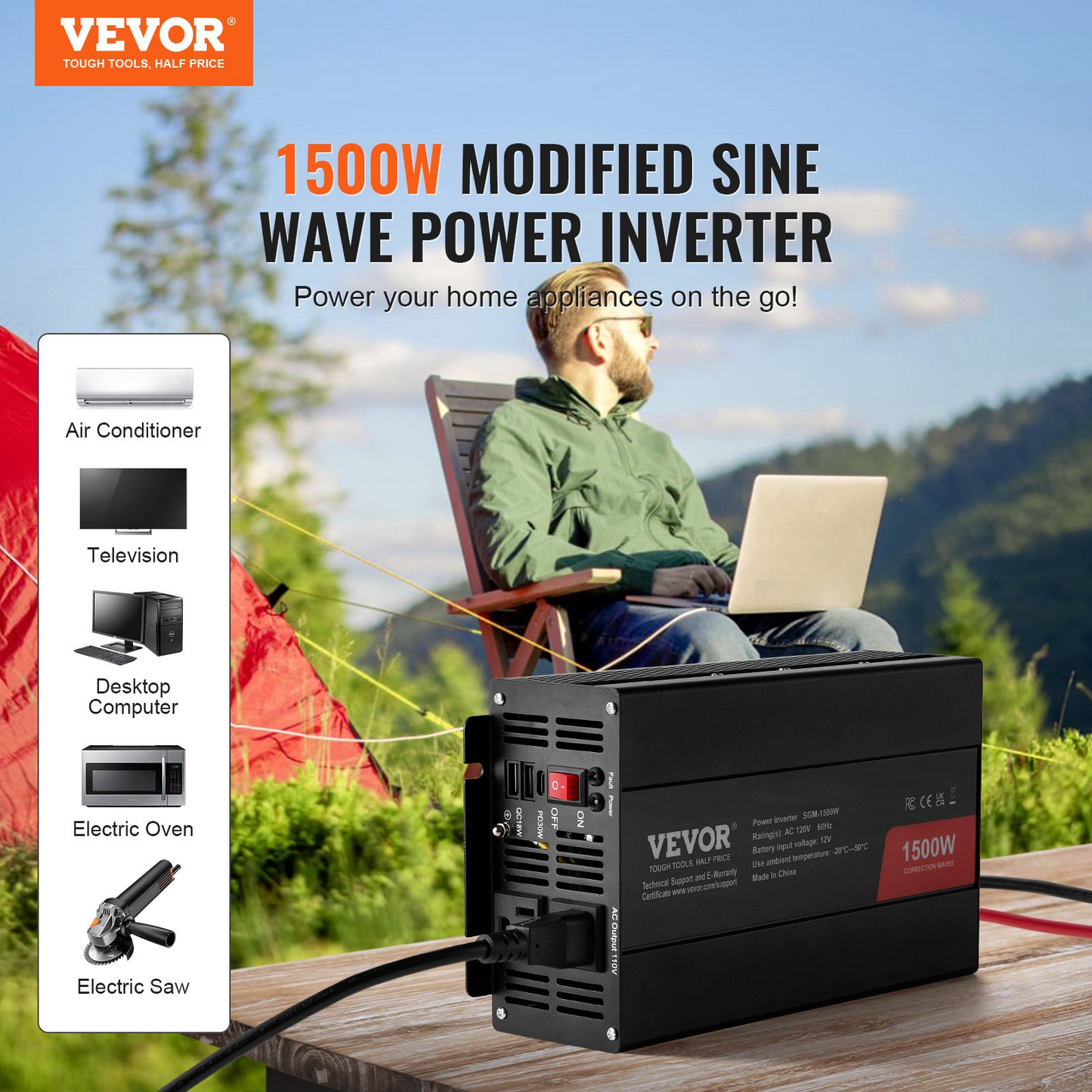 VEVOR Modified Sine Wave Inverter, 1500W, DC 12V to AC 120V Power Inverter with 2 AC Outlets 2 USB Port 1 Type-C Port 6 Spare Fuses, for Small Home Devices like Smartphone Laptop, CE FCC Certified, Goodies N Stuff