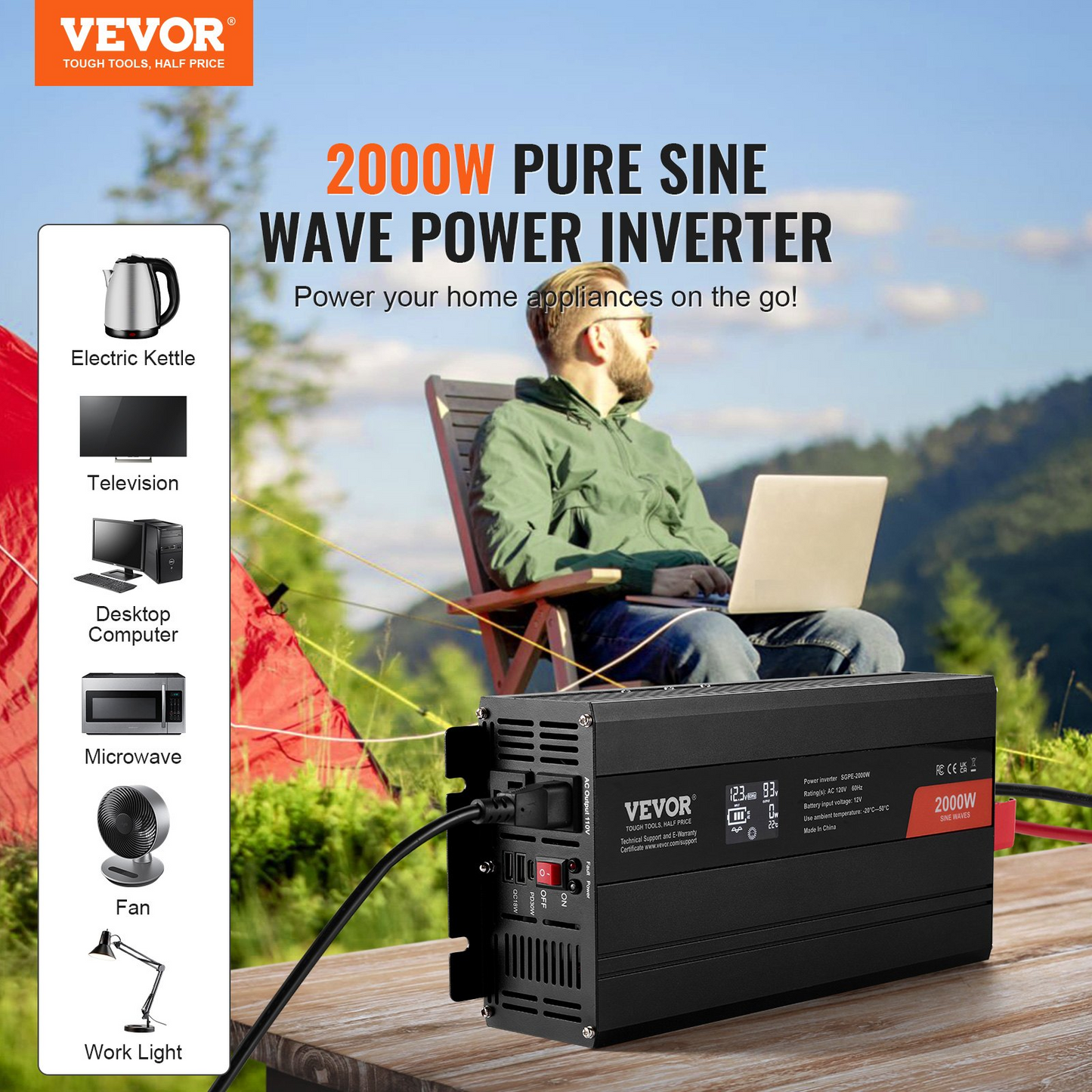 VEVOR Pure Sine Wave Inverter, 2000 Watt, DC 12V to AC 120V Power Inverter with 2 AC Outlets 2 USB Port 1 Type-C Port, LCD Display and Remote Controller for Medium-Sized Household Equipment, CE FCC, Goodies N Stuff