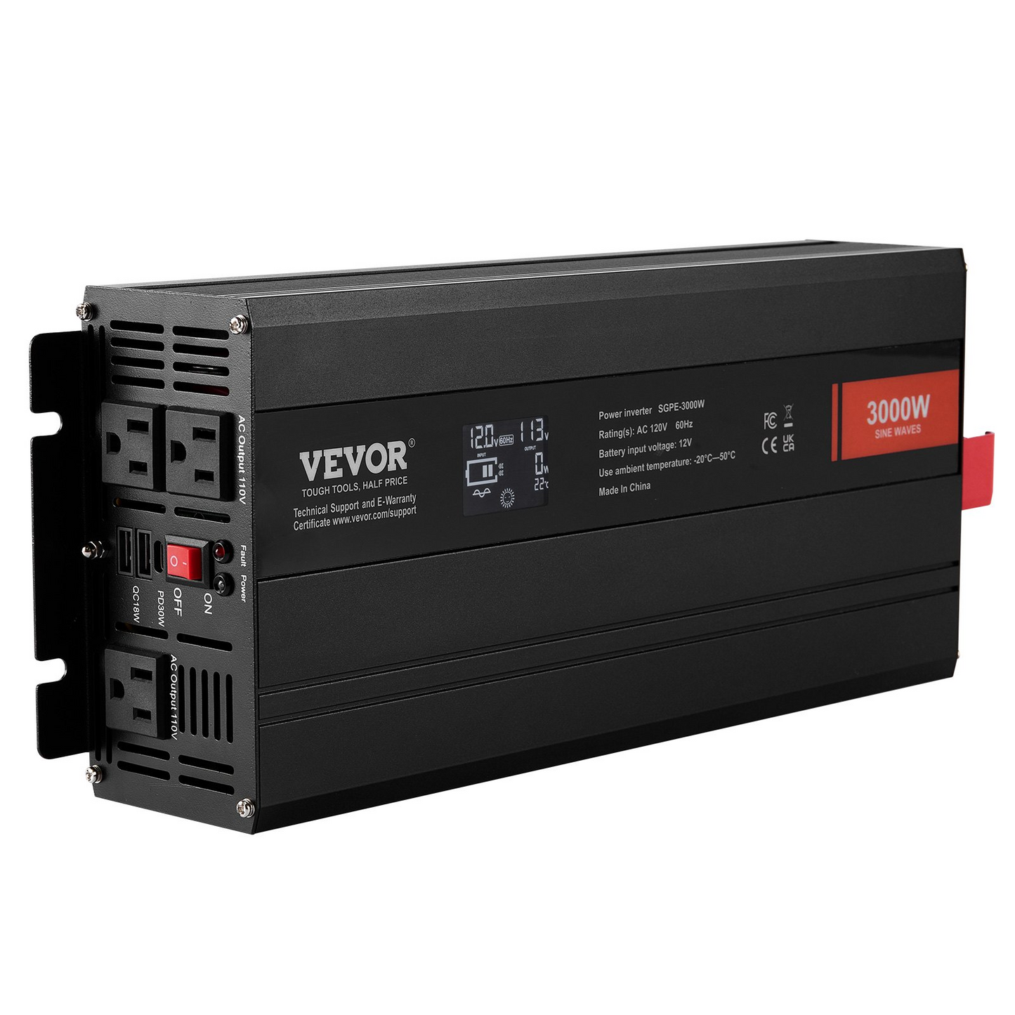 VEVOR Pure Sine Wave Inverter, 3000 Watt, DC 12V to AC 120V Power Inverter with 2 AC Outlets 2 USB Port 1 Type-C Port, LCD Display and Remote Controller for Large Home Appliances, CE FCC Certified, Goodies N Stuff