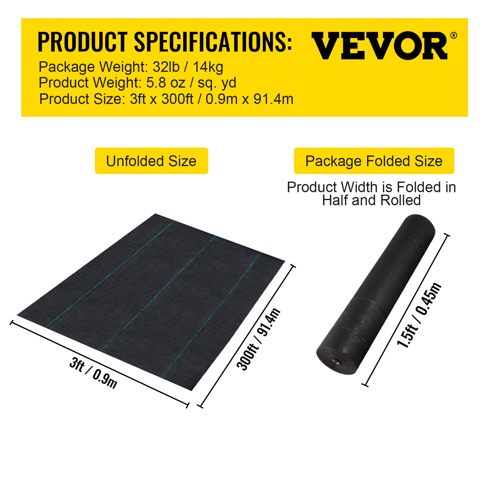 VEVOR Weed Barrier, 5.8oz Landscape Fabric, 3ft x 300ft Cover Mat Heavy Duty Woven Grass Control Geotextile for Garden, Patio, Black, Goodies N Stuff