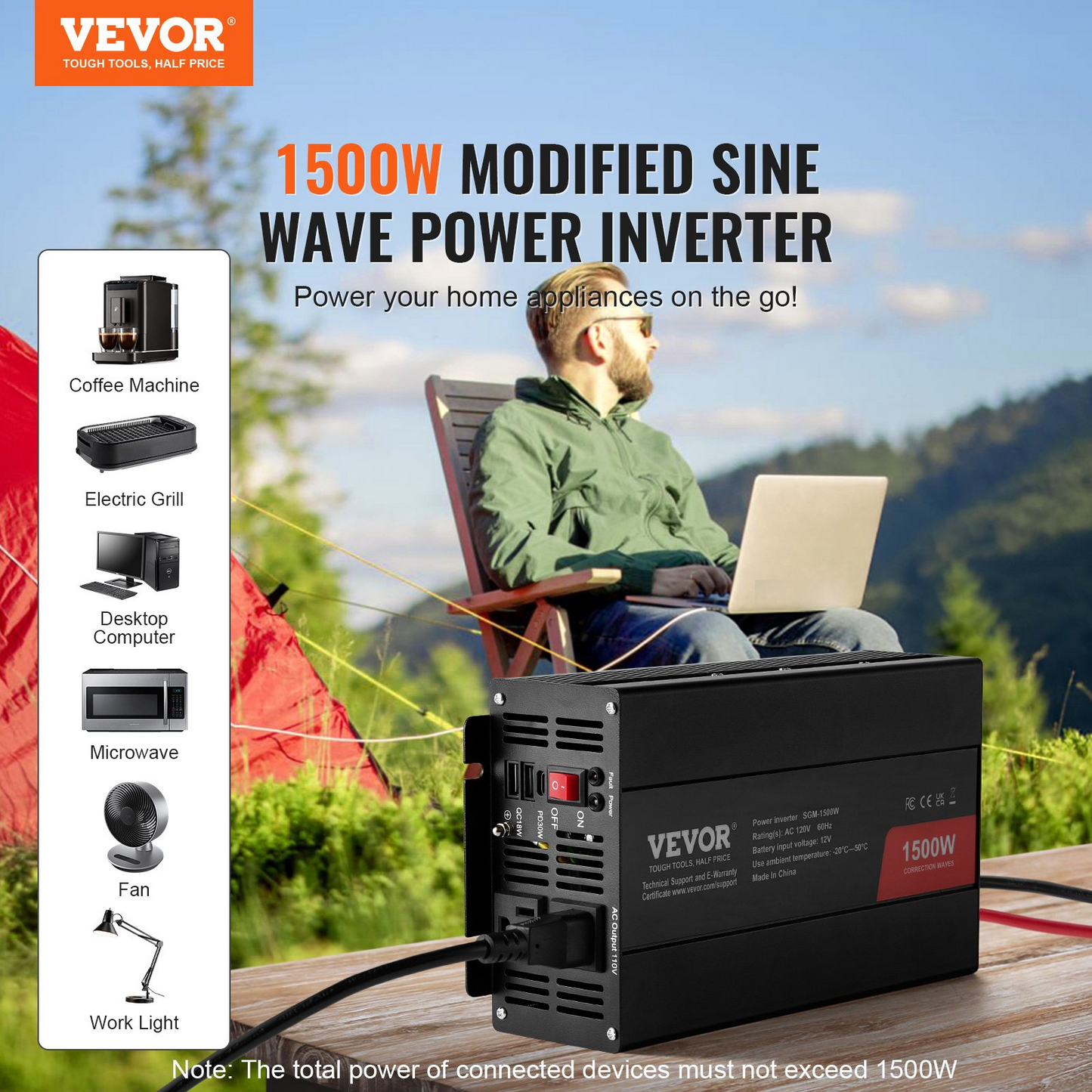 VEVOR Modified Sine Wave Inverter, 1500W, DC 12V to AC 120V Power Inverter with 2 AC Outlets 2 USB Port 1 Type-C Port 6 Spare Fuses, for Small Home Devices like Smartphone Laptop, CE FCC Certified, Goodies N Stuff