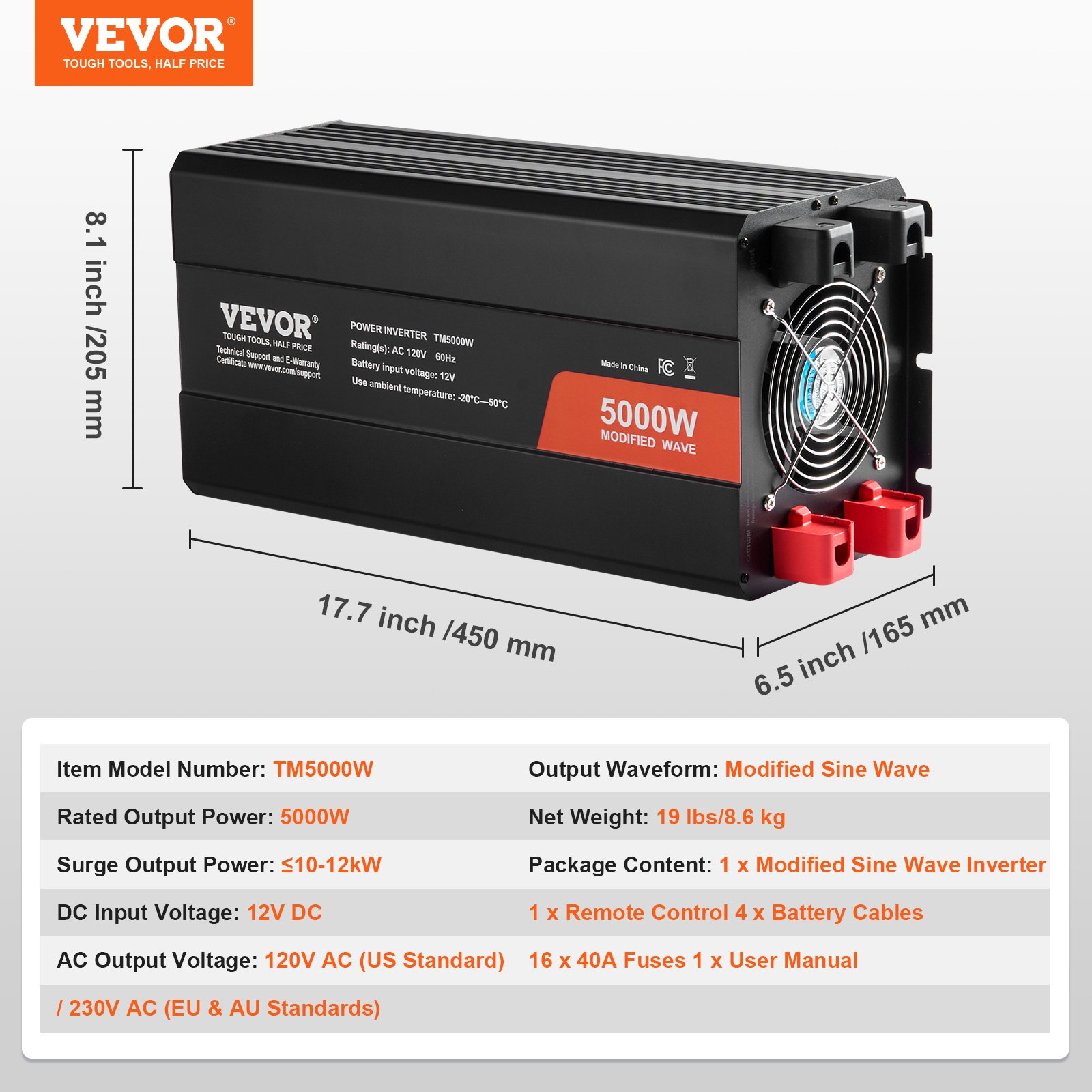 VEVOR Modified Sine Wave Inverter, 5000W, DC 12V to AC 120V Power Inverter with 6 AC Outlets 2 USB Port 1 Type-C Port, LCD Display and Remote Controller for High Load Home Appliances, CE FCC Certified, Goodies N Stuff