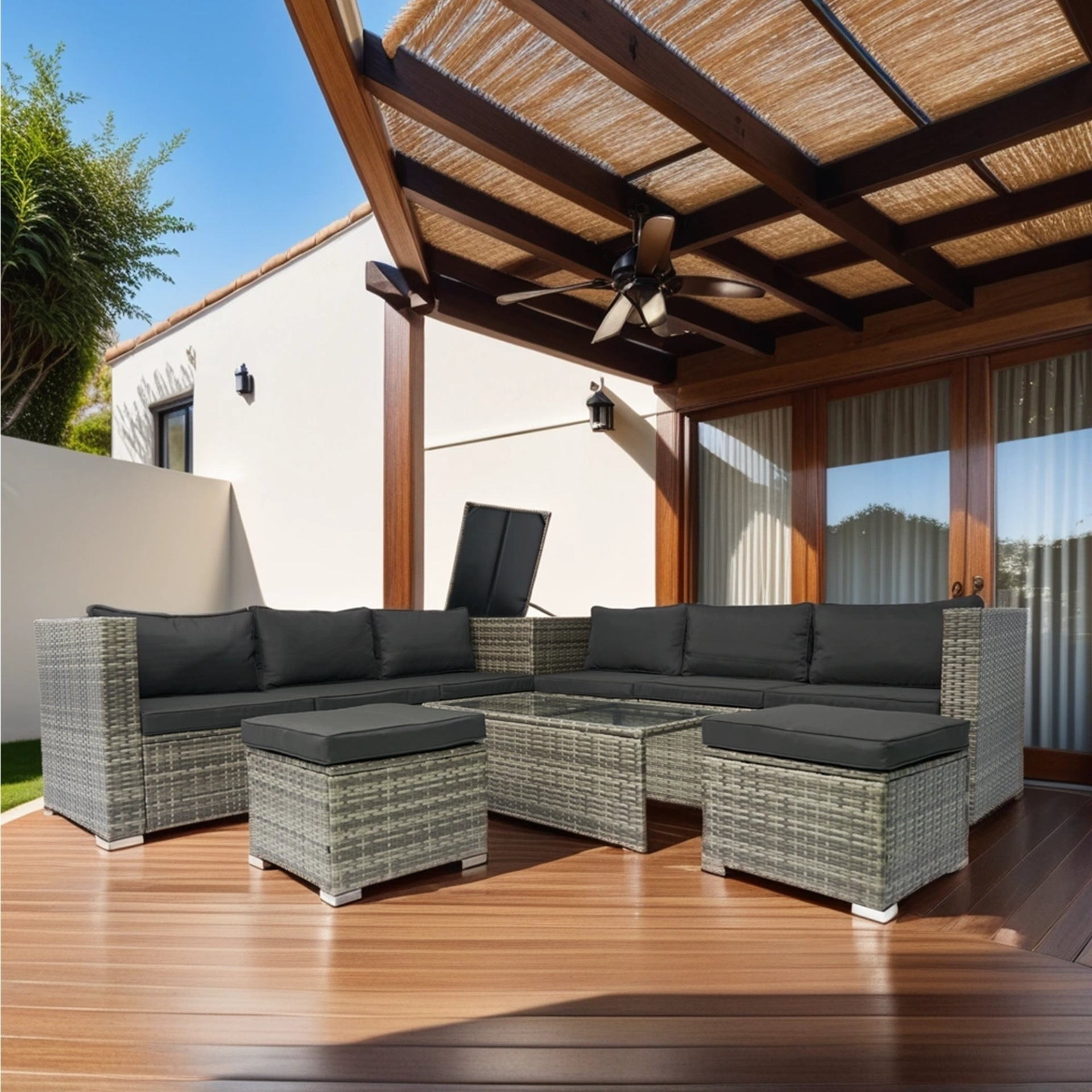 8 Piece Patio Sectional Wicker Rattan Outdoor Furniture Sofa Set with One Storage Box Under Seat and Cushion Box Grey wicker + Black Cushion + Clear Glass Top, Goodies N Stuff