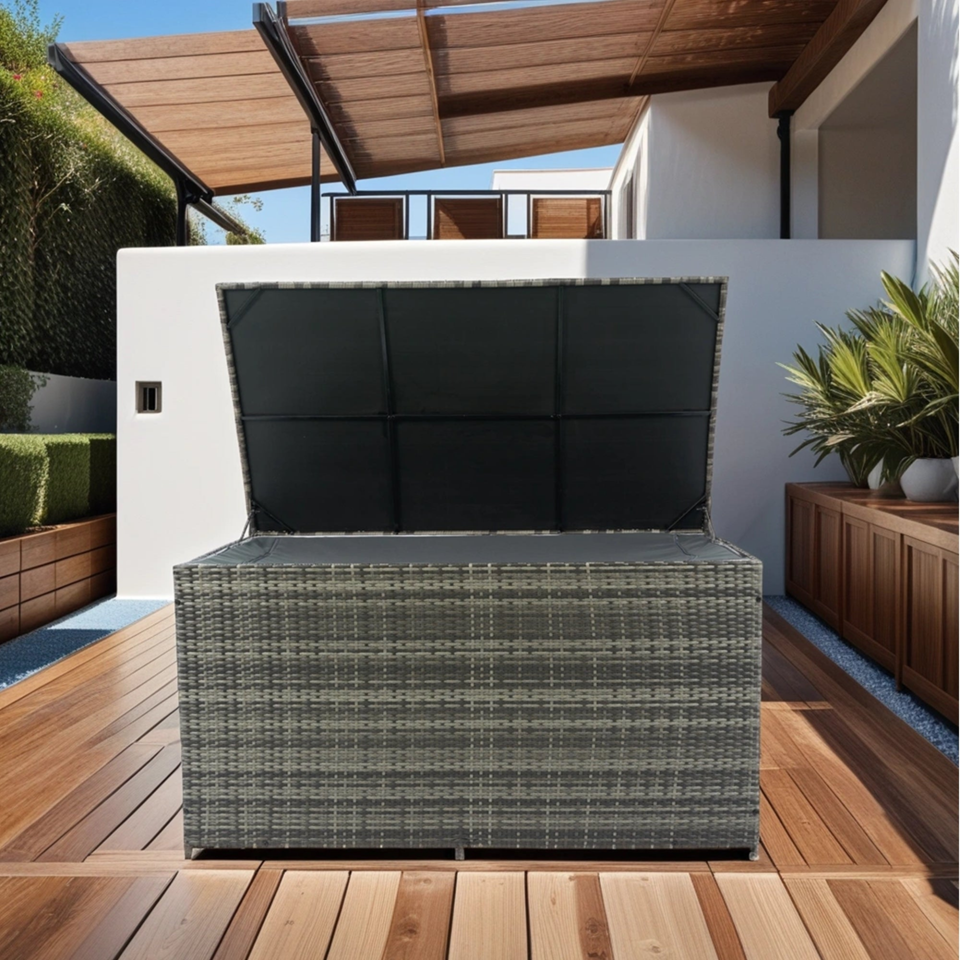 Outdoor Storage Box, 200 Gallon Wicker Patio Deck Boxes with Lid, Outdoor Cushion Storage for Kids Toys, Pillows, Towel, Goodies N Stuff