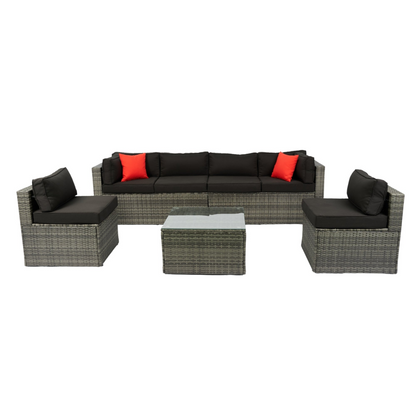 5 Pieces PE Rattan sectional Outdoor Furniture Cushioned U Sofa set with 2 Pillow Grey wicker + Black Cushion, Goodies N Stuff