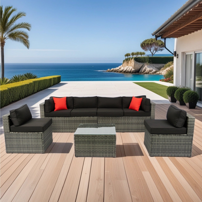 5 Pieces PE Rattan sectional Outdoor Furniture Cushioned U Sofa set with 2 Pillow Grey wicker + Black Cushion, Goodies N Stuff