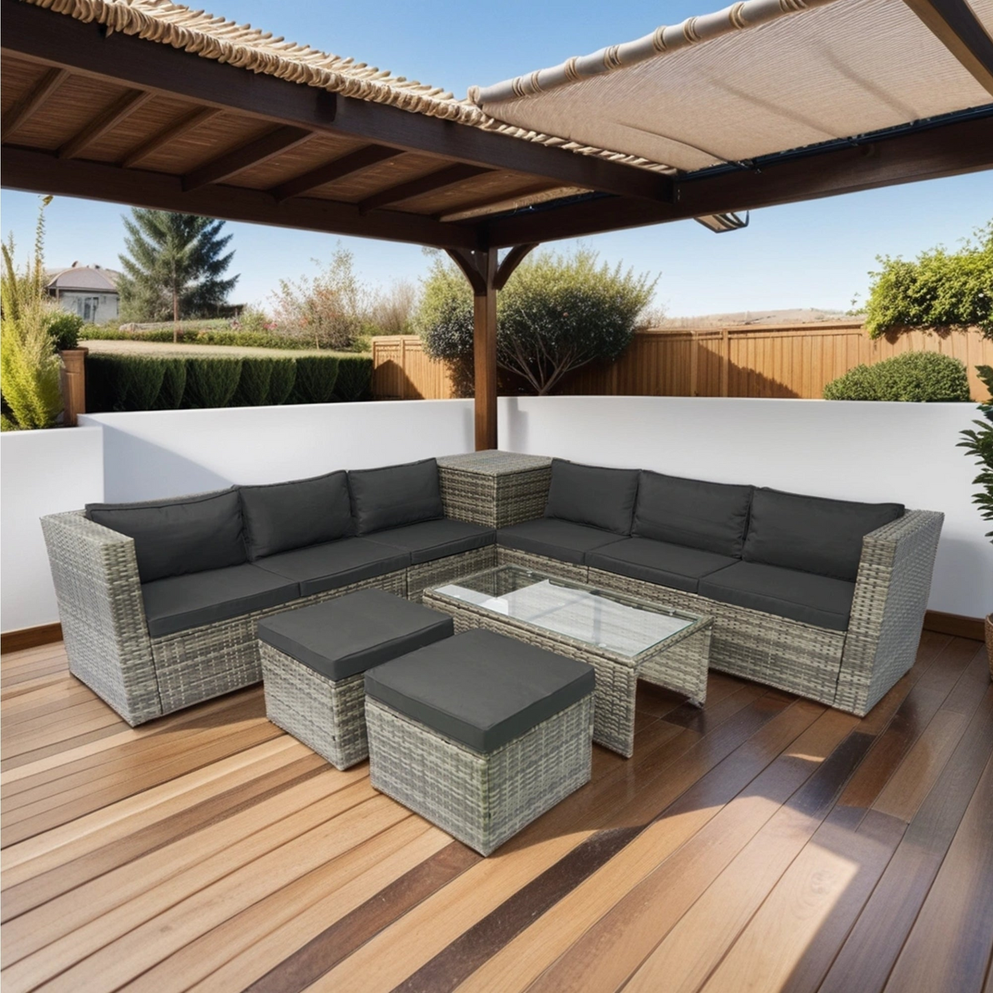 8 Piece Patio Sectional Wicker Rattan Outdoor Furniture Sofa Set with One Storage Box Under Seat and Cushion Box Grey wicker + Black Cushion + Clear Glass Top, Goodies N Stuff