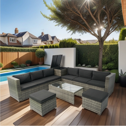 8 Piece Patio Sectional Wicker Rattan Outdoor Furniture Sofa Set with One Storage Box Under Seat and Cushion Box Grey wicker + Black Cushion + Clear Glass Top, Goodies N Stuff