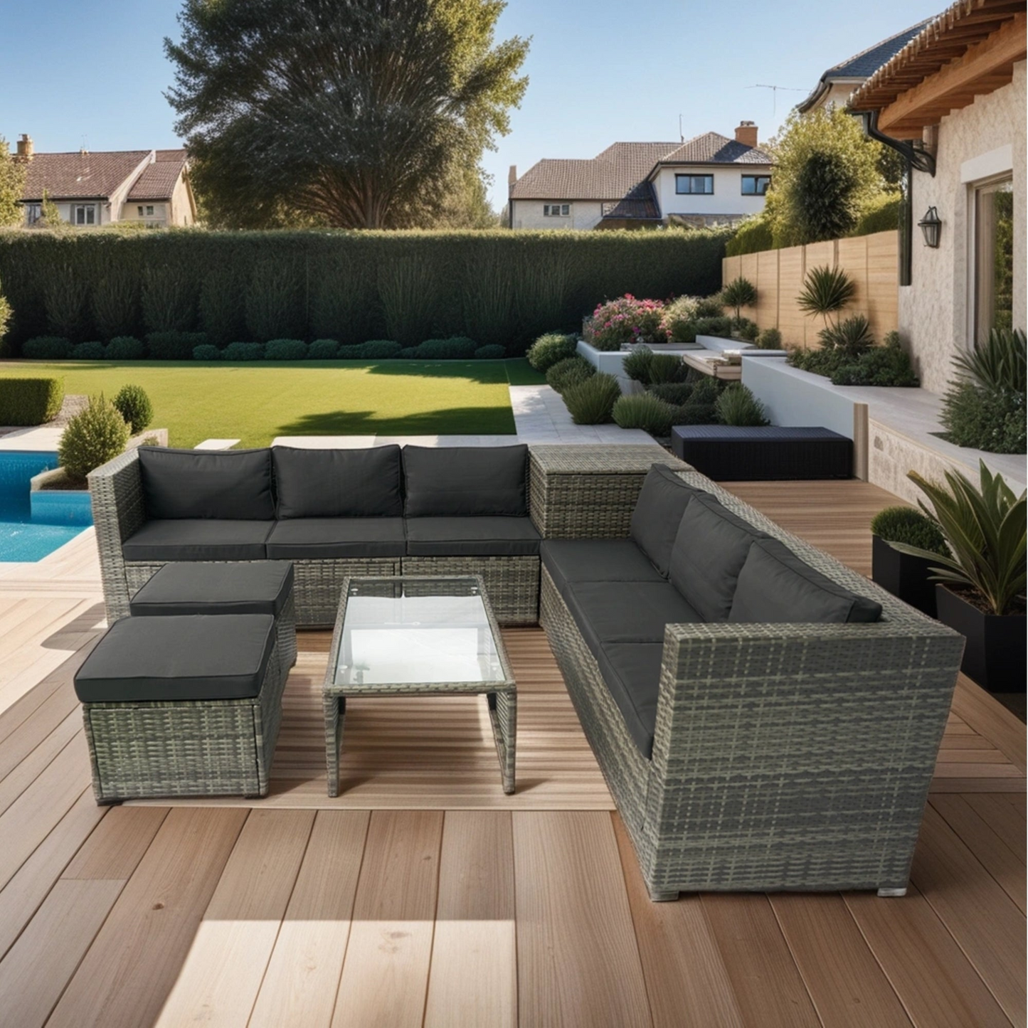 8 Piece Patio Sectional Wicker Rattan Outdoor Furniture Sofa Set with One Storage Box Under Seat and Cushion Box Grey wicker + Black Cushion + Clear Glass Top, Goodies N Stuff