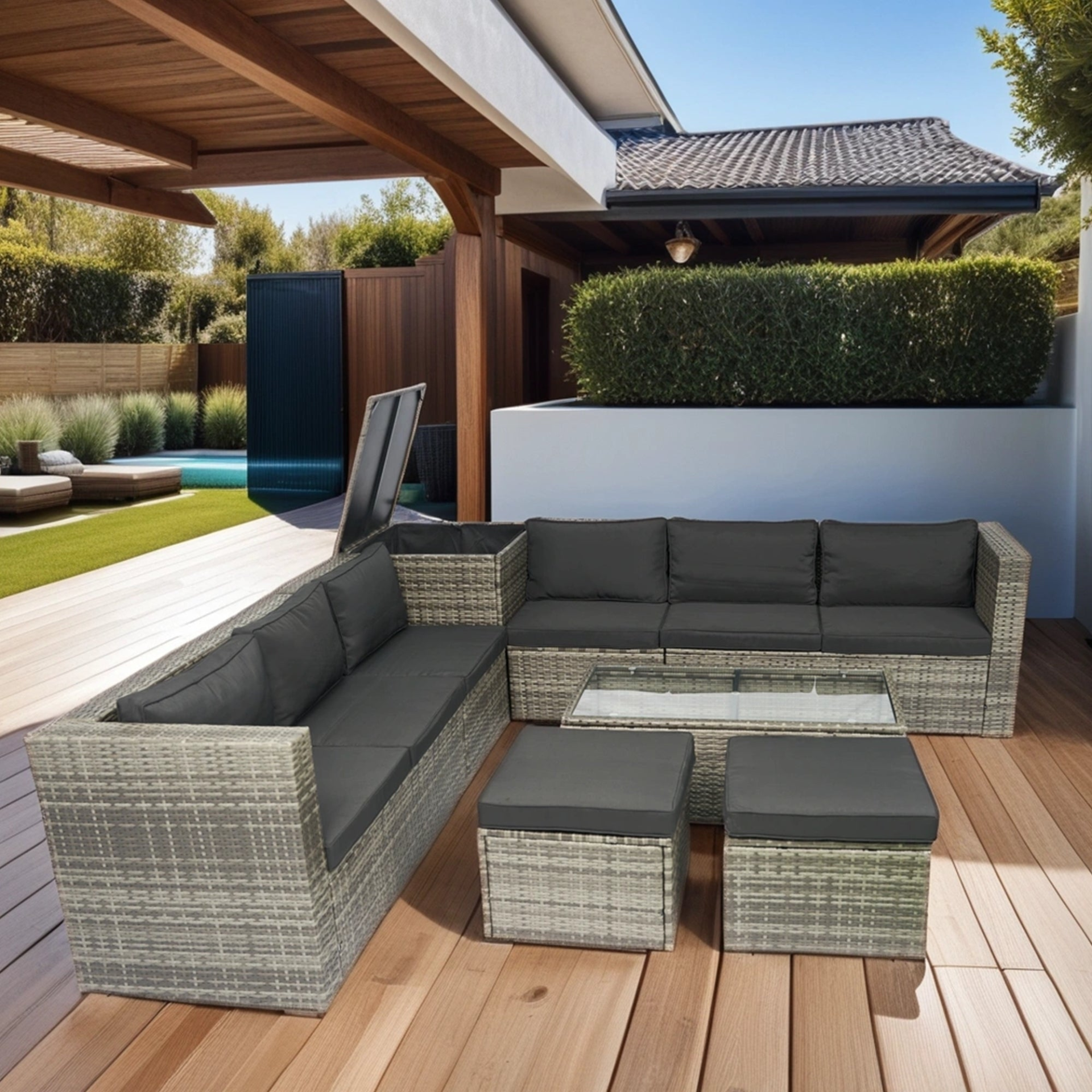 8 Piece Patio Sectional Wicker Rattan Outdoor Furniture Sofa Set with One Storage Box Under Seat and Cushion Box Grey wicker + Black Cushion + Clear Glass Top, Goodies N Stuff