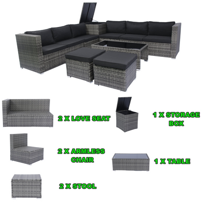 8 Piece Patio Sectional Wicker Rattan Outdoor Furniture Sofa Set with One Storage Box Under Seat and Cushion Box Grey wicker + Black Cushion + Clear Glass Top, Goodies N Stuff