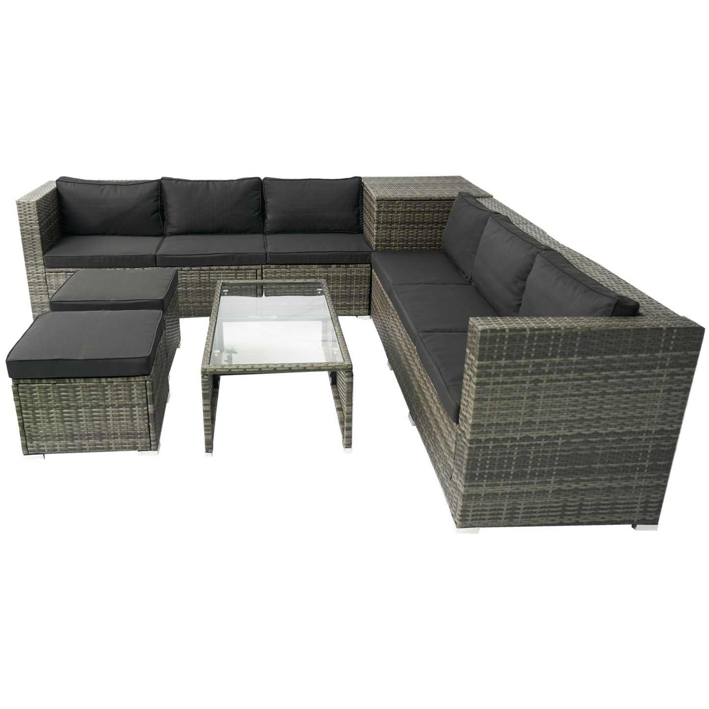 8 Piece Patio Sectional Wicker Rattan Outdoor Furniture Sofa Set with One Storage Box Under Seat and Cushion Box Grey wicker + Black Cushion + Clear Glass Top, Goodies N Stuff