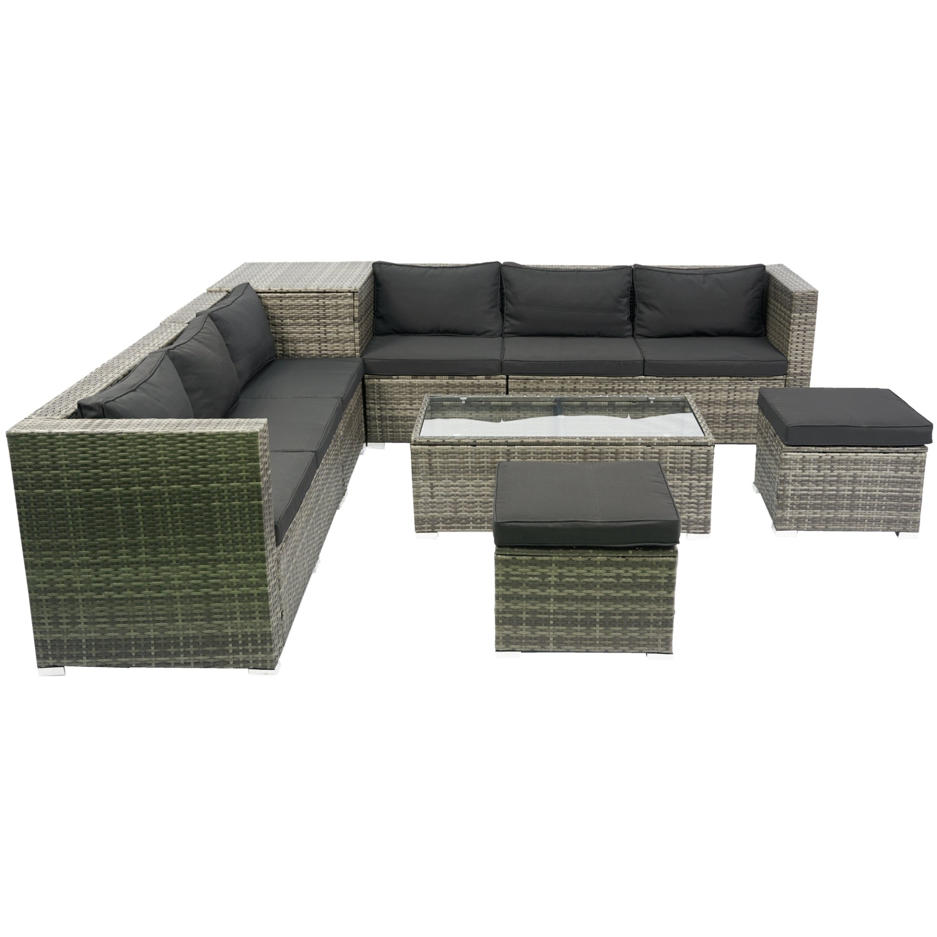 8 Piece Patio Sectional Wicker Rattan Outdoor Furniture Sofa Set with One Storage Box Under Seat and Cushion Box Grey wicker + Black Cushion + Clear Glass Top, Goodies N Stuff