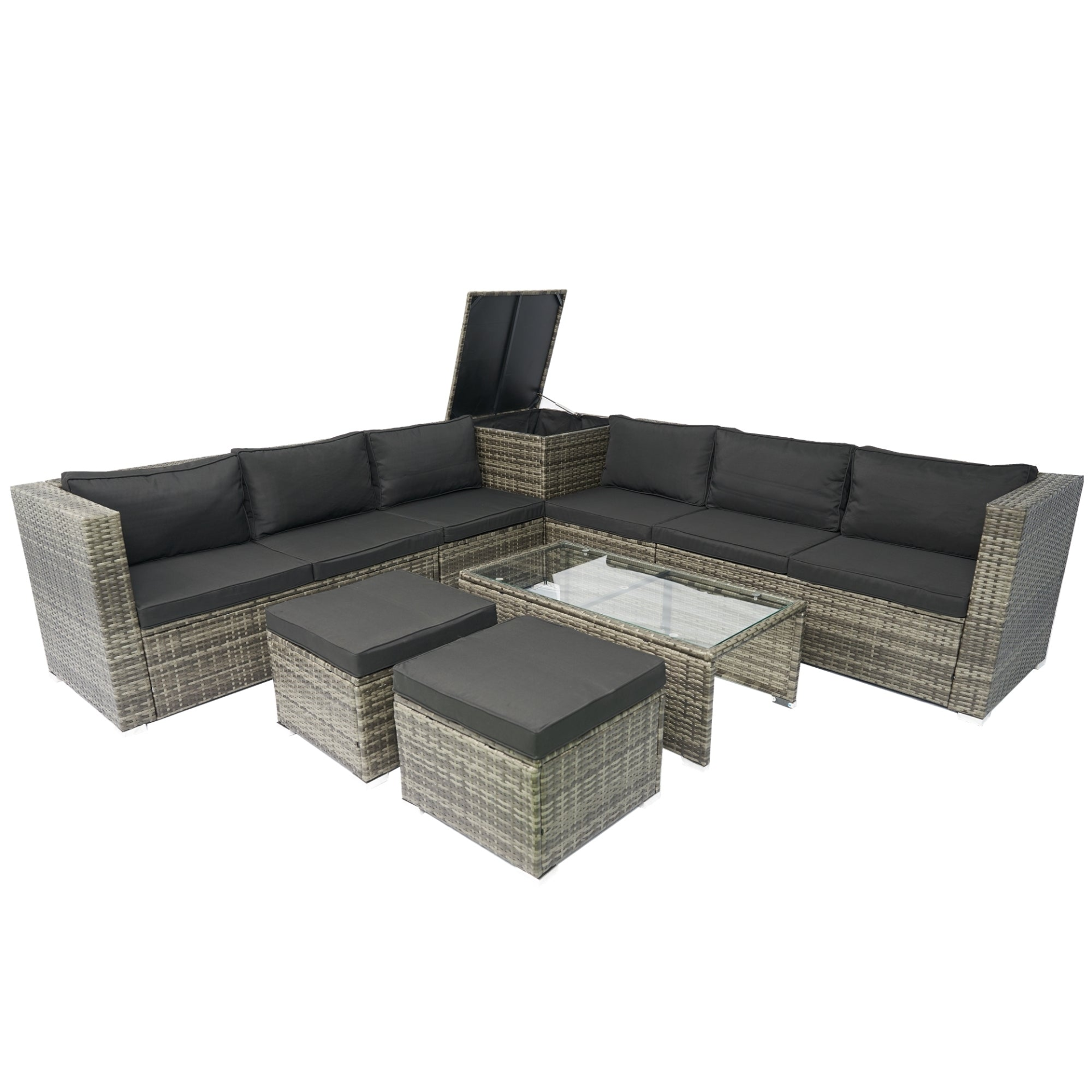 8 Piece Patio Sectional Wicker Rattan Outdoor Furniture Sofa Set with One Storage Box Under Seat and Cushion Box Grey wicker + Black Cushion + Clear Glass Top, Goodies N Stuff