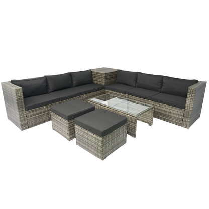 8 Piece Patio Sectional Wicker Rattan Outdoor Furniture Sofa Set with One Storage Box Under Seat and Cushion Box Grey wicker + Black Cushion + Clear Glass Top, Goodies N Stuff