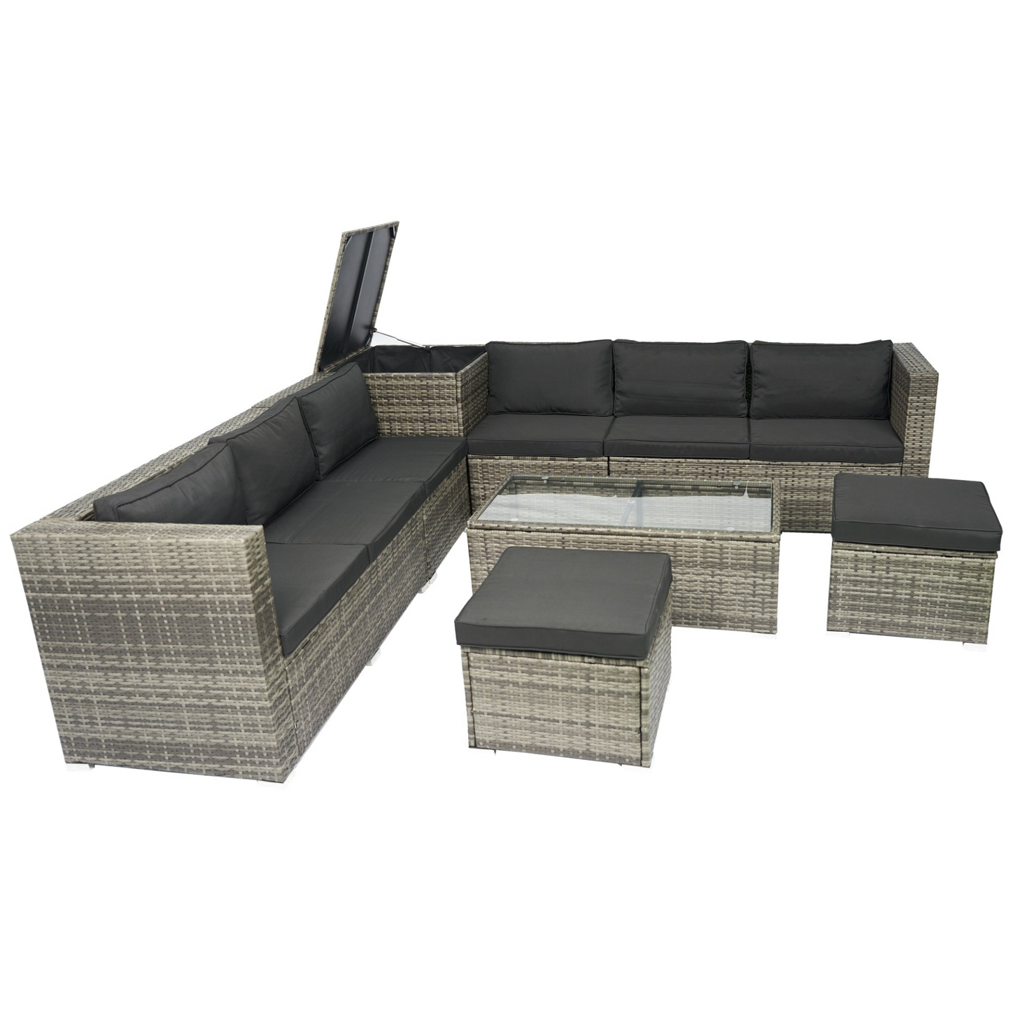 8 Piece Patio Sectional Wicker Rattan Outdoor Furniture Sofa Set with One Storage Box Under Seat and Cushion Box Grey wicker + Black Cushion + Clear Glass Top, Goodies N Stuff