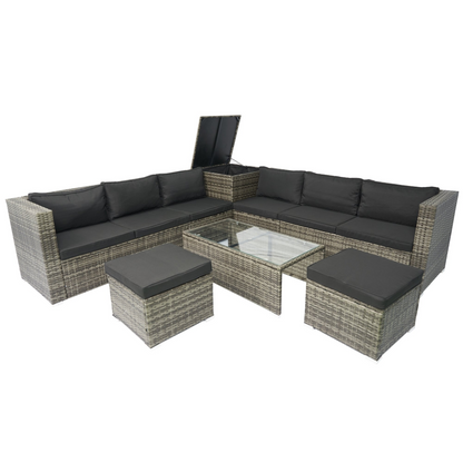 8 Piece Patio Sectional Wicker Rattan Outdoor Furniture Sofa Set with One Storage Box Under Seat and Cushion Box Grey wicker + Black Cushion + Clear Glass Top, Goodies N Stuff