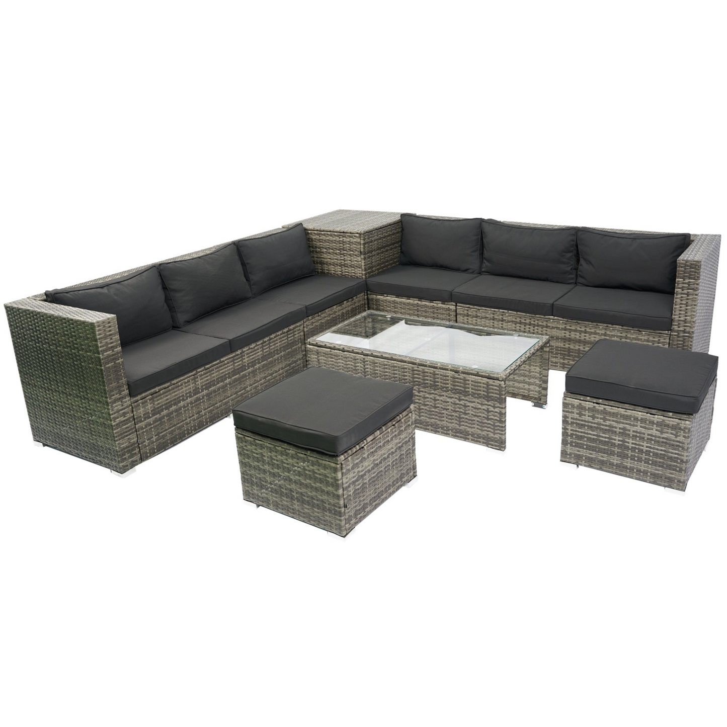 8 Piece Patio Sectional Wicker Rattan Outdoor Furniture Sofa Set with One Storage Box Under Seat and Cushion Box Grey wicker + Black Cushion + Clear Glass Top, Goodies N Stuff