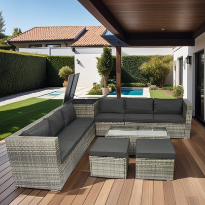 8 Piece Patio Sectional Wicker Rattan Outdoor Furniture Sofa Set with One Storage Box Under Seat and Cushion Box Grey wicker + Black Cushion + Clear Glass Top, Goodies N Stuff