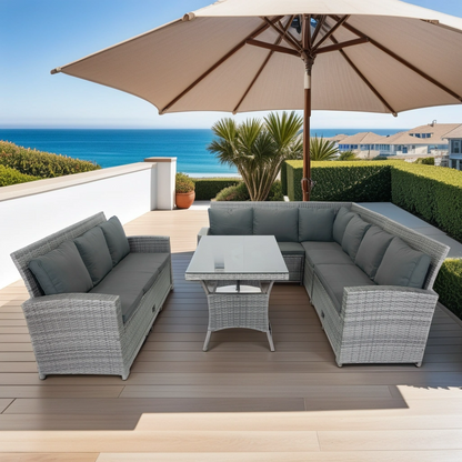 5 Piece Patio wicker Outdoor Sectional Set 9 Seater Conversation Set with 3 Storage Under Seat Grey Wicker + Dark Grey Cushion, Goodies N Stuff