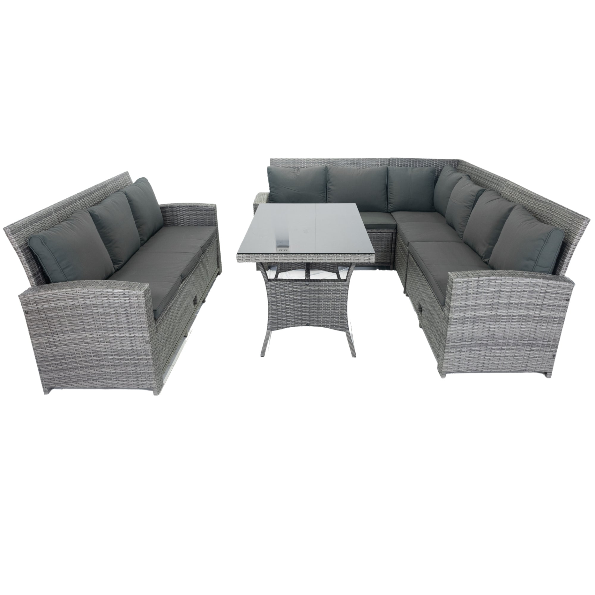 5 Piece Patio wicker Outdoor Sectional Set 9 Seater Conversation Set with 3 Storage Under Seat Grey Wicker + Dark Grey Cushion, Goodies N Stuff