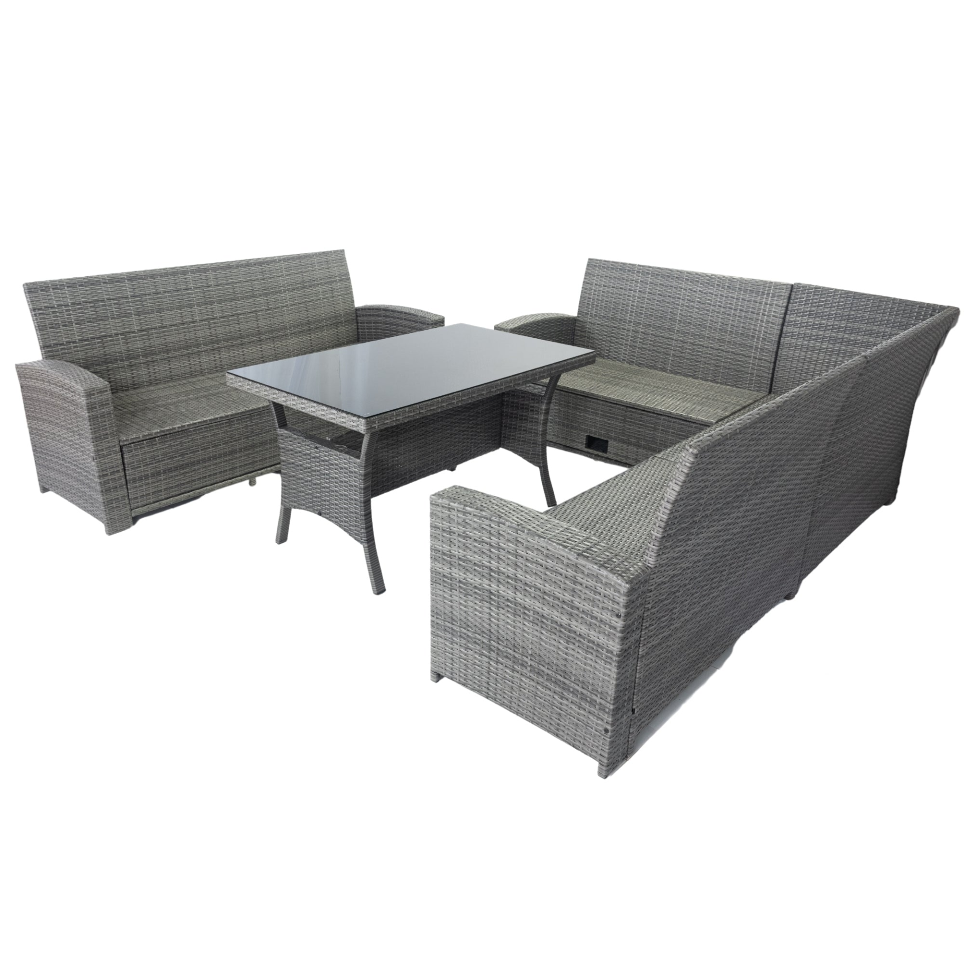 5 Piece Patio wicker Outdoor Sectional Set 9 Seater Conversation Set with 3 Storage Under Seat Grey Wicker + Dark Grey Cushion, Goodies N Stuff