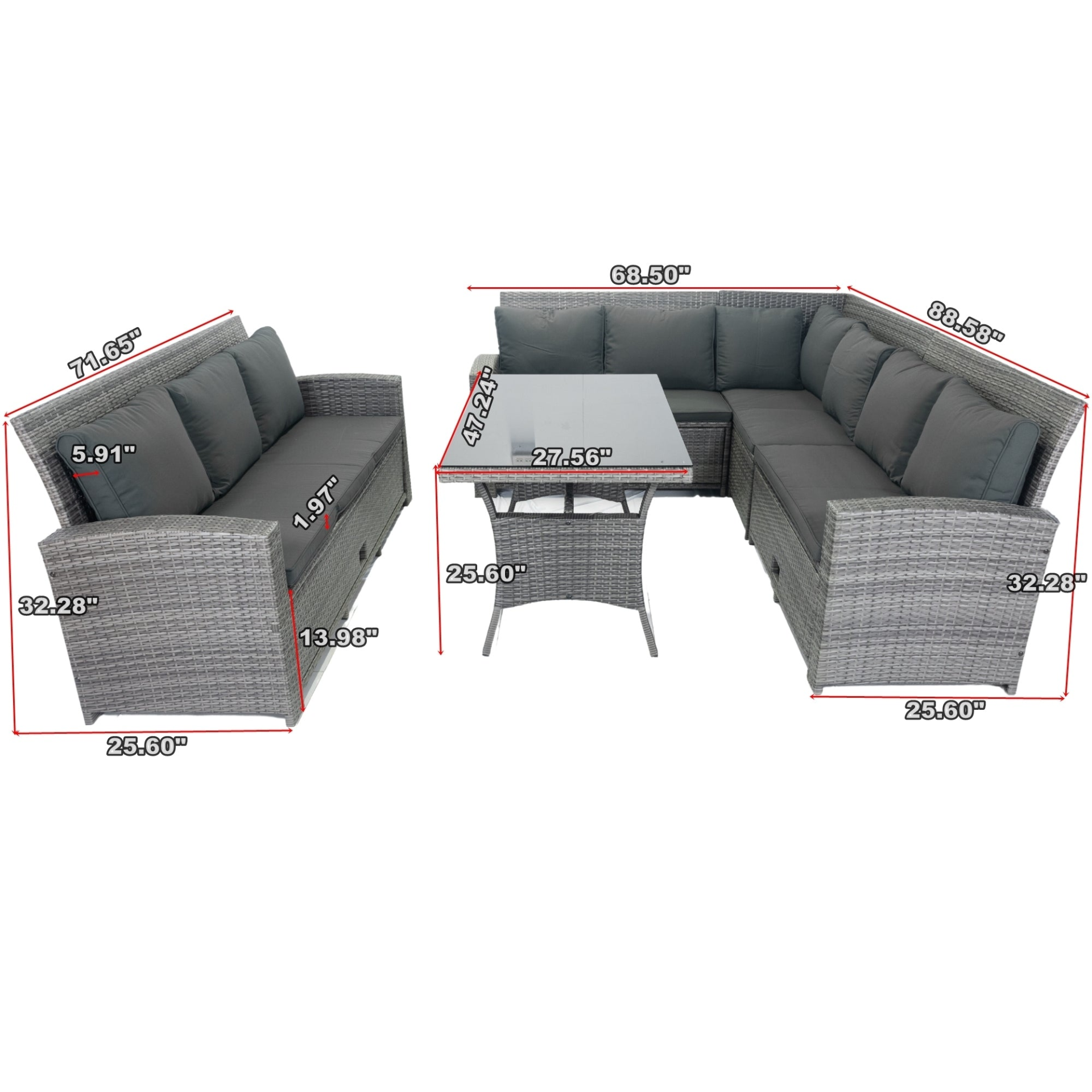 5 Piece Patio wicker Outdoor Sectional Set 9 Seater Conversation Set with 3 Storage Under Seat Grey Wicker + Dark Grey Cushion, Goodies N Stuff