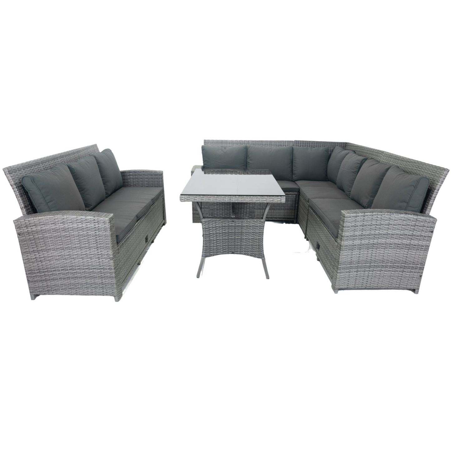 5 Piece Patio wicker Outdoor Sectional Set 9 Seater Conversation Set with 3 Storage Under Seat Grey Wicker + Dark Grey Cushion, Goodies N Stuff