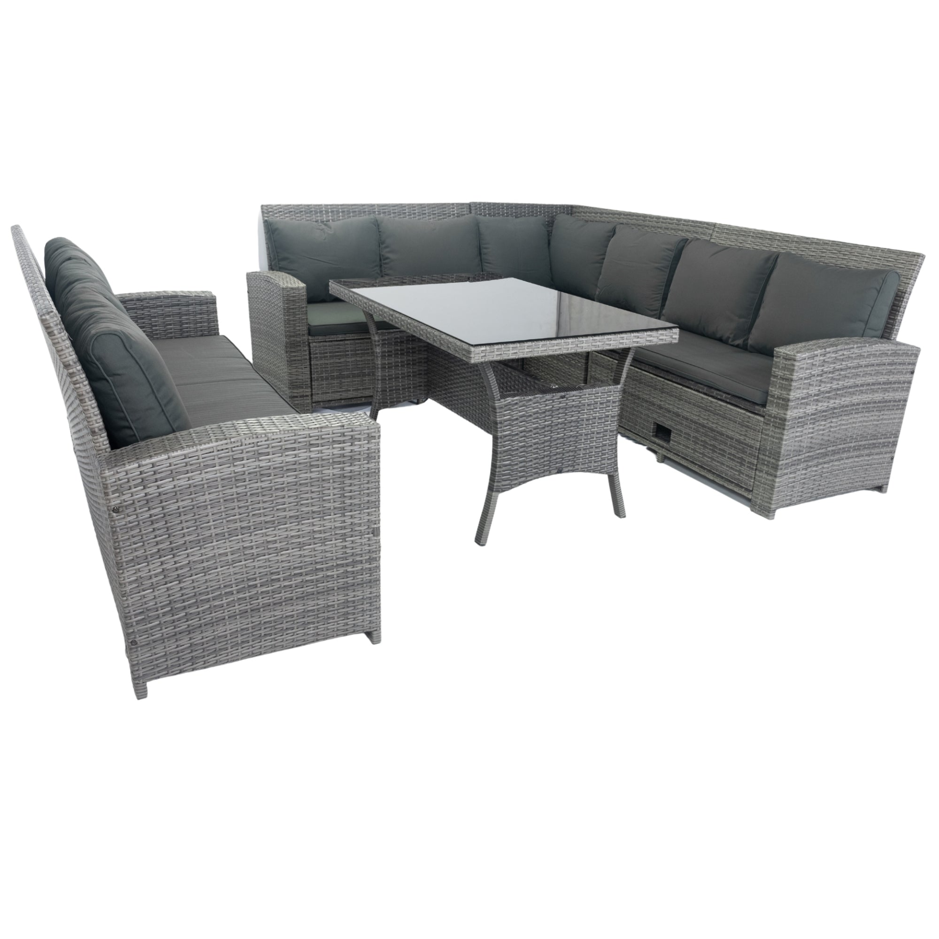 5 Piece Patio wicker Outdoor Sectional Set 9 Seater Conversation Set with 3 Storage Under Seat Grey Wicker + Dark Grey Cushion, Goodies N Stuff