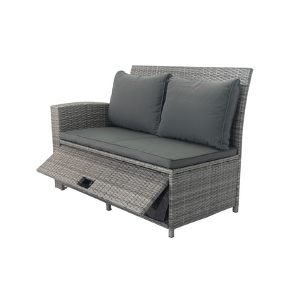 5 Piece Patio wicker Outdoor Sectional Set 9 Seater Conversation Set with 3 Storage Under Seat Grey Wicker + Dark Grey Cushion, Goodies N Stuff