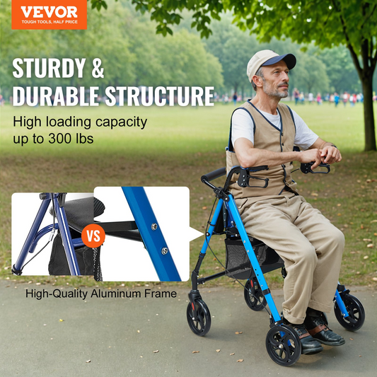 VEVOR Rollator Walker for Seniors and Adult, Lightweight Aluminum Foldable Rolling Walker with Adjustable Seat and Handle, Outdoor Mobility Rollator Walker with 8" All Terrain Wheels, 300LBS Capacity, Goodies N Stuff