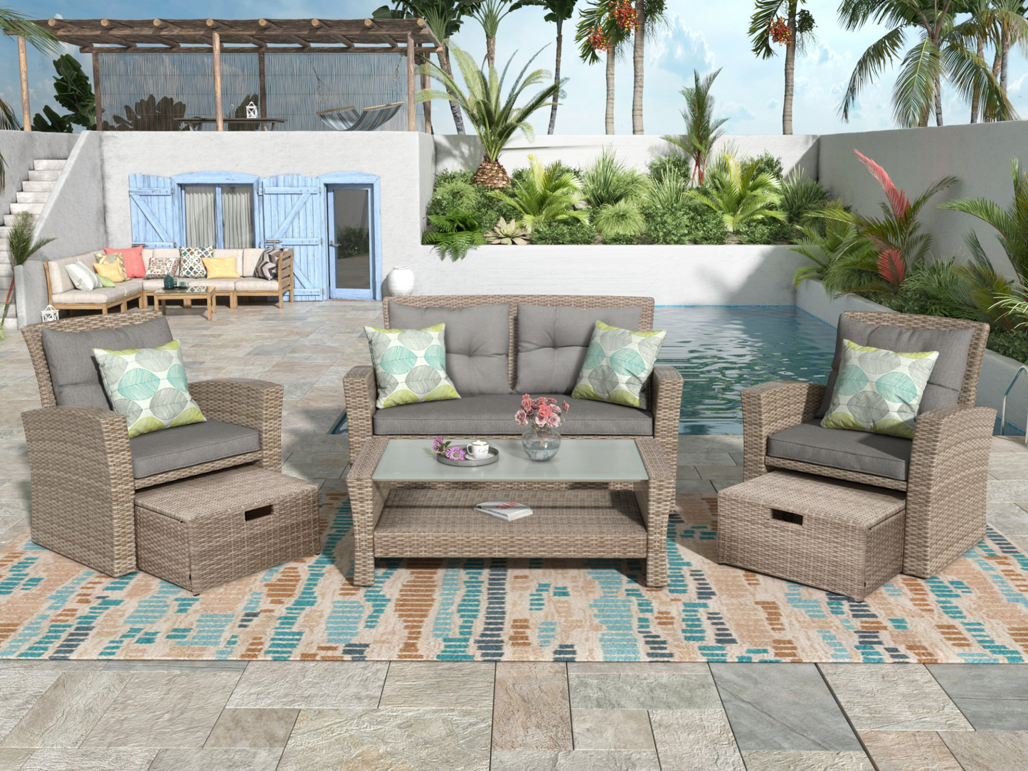 Patio Furniture Set, 4 Piece Outdoor Conversation Set All Weather Wicker Sectional Sofa with Ottoman and Cushions, Goodies N Stuff