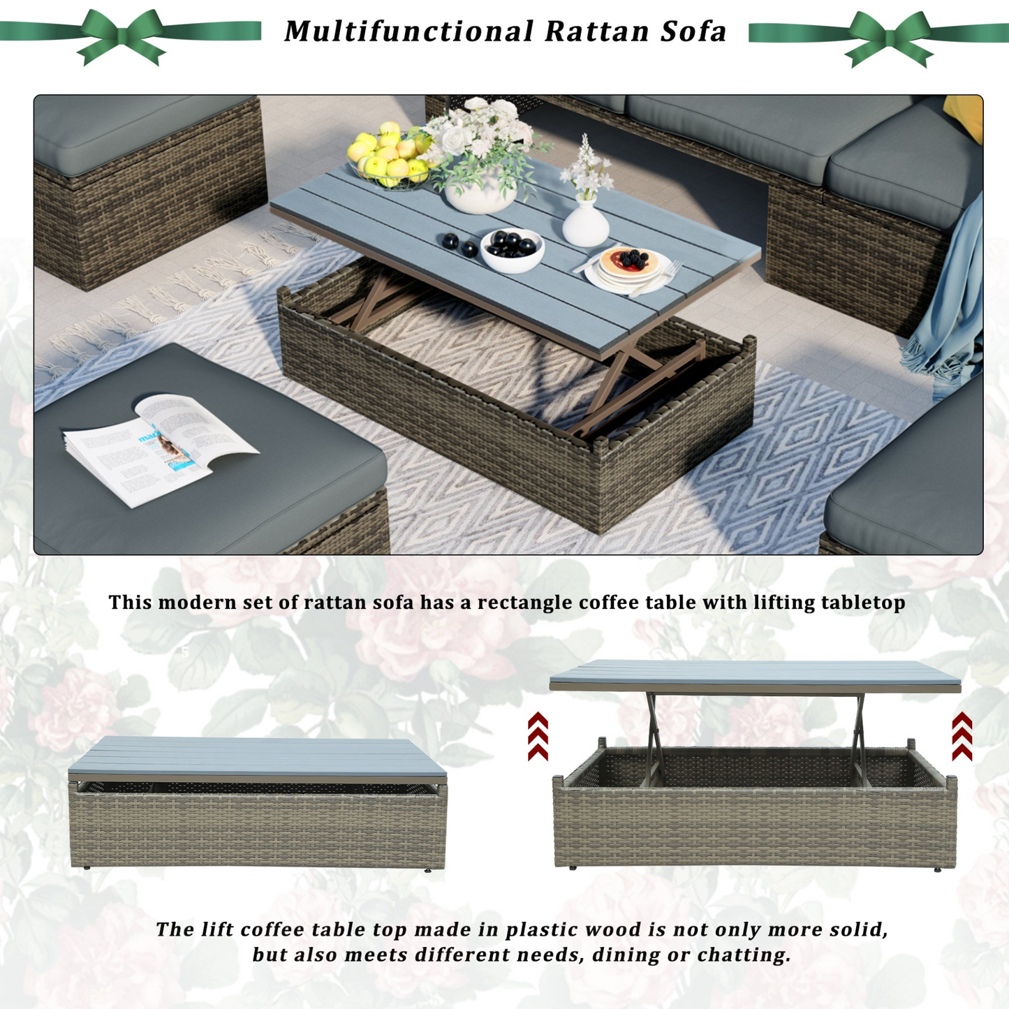 Patio Furniture Sets, 5-Piece Patio Wicker Sofa with Adustable Backrest, Cushions, Ottomans and Lift Top Coffee Table, Goodies N Stuff