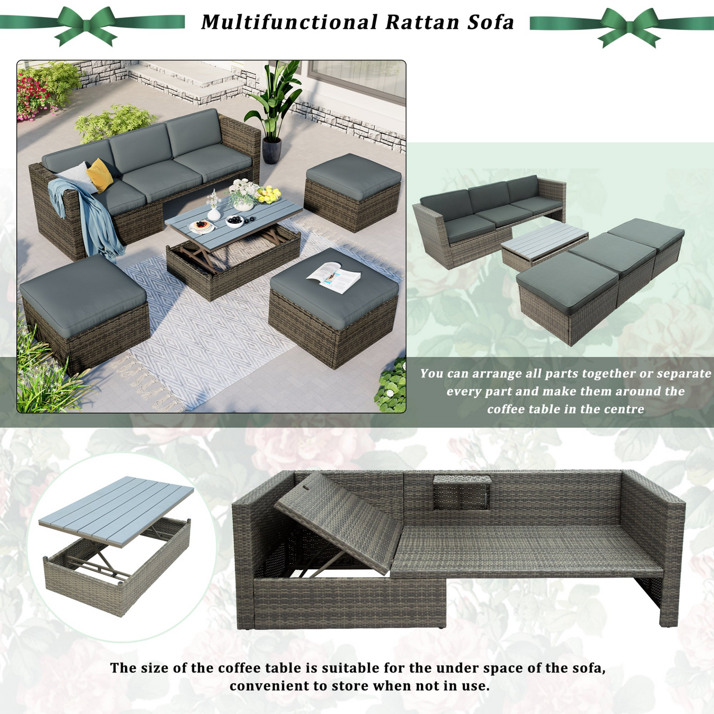 Patio Furniture Sets, 5-Piece Patio Wicker Sofa with Adustable Backrest, Cushions, Ottomans and Lift Top Coffee Table, Goodies N Stuff