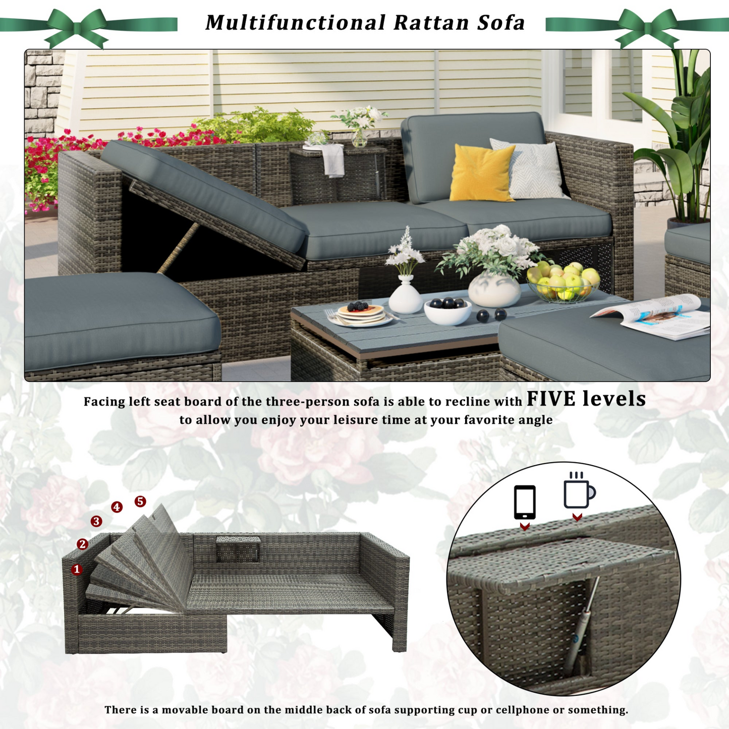 Patio Furniture Sets, 5-Piece Patio Wicker Sofa with Adustable Backrest, Cushions, Ottomans and Lift Top Coffee Table, Goodies N Stuff