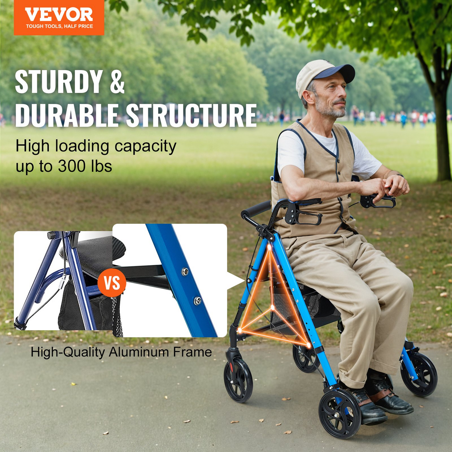 VEVOR Rollator Walker for Seniors and Adult, Lightweight Aluminum Foldable Rolling Walker with Adjustable Seat and Handle, Outdoor Mobility Rollator Walker with 8" All Terrain Wheels, 300LBS Capacity, Goodies N Stuff