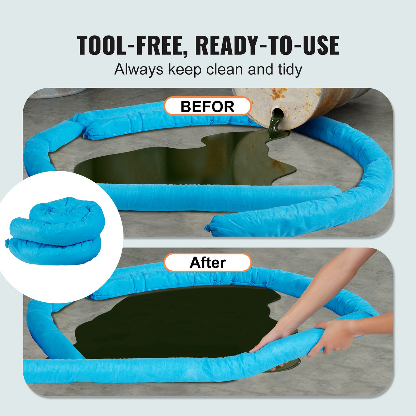 VEVOR Universal Absorbent Sock, Water Absorbing Snake 20 Gal Capacity, 3" x 47.24" Mildew-Resistant Spill Control Sock, 12 pcs, Goodies N Stuff
