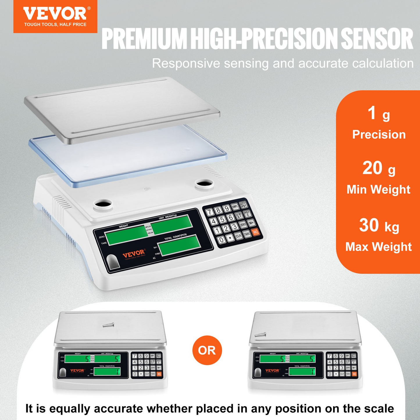 VEVOR Industrial Counting Scale, 30 kg x 1 g, Digital Scale for Parts and Coins, g/kg/lb Units, Electronic Gram Scale Inventory Piece Counting Scale Kitchen Jewelry Counting Scale with 3 LCD Screens, Goodies N Stuff