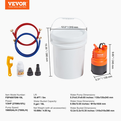 VEVOR Tankless Water Heater Flushing Kit, Includes Efficient Pump & 5 Gallon Pail & 2 Hoses & Descaling Powder, Wrench and Adapter for Quick Install Easy to Start, Water Heater Flush Kit, Goodies N Stuff